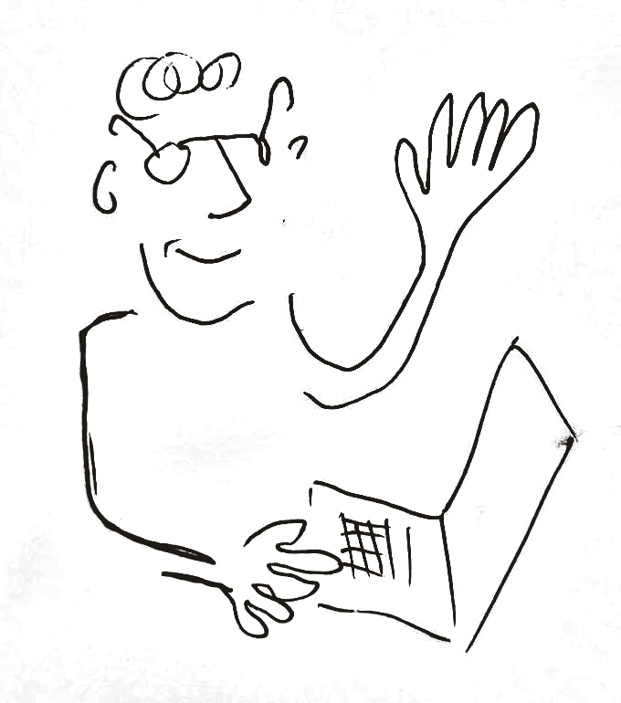 A hand-drawn sketch of a designer waving hello while working at a laptop